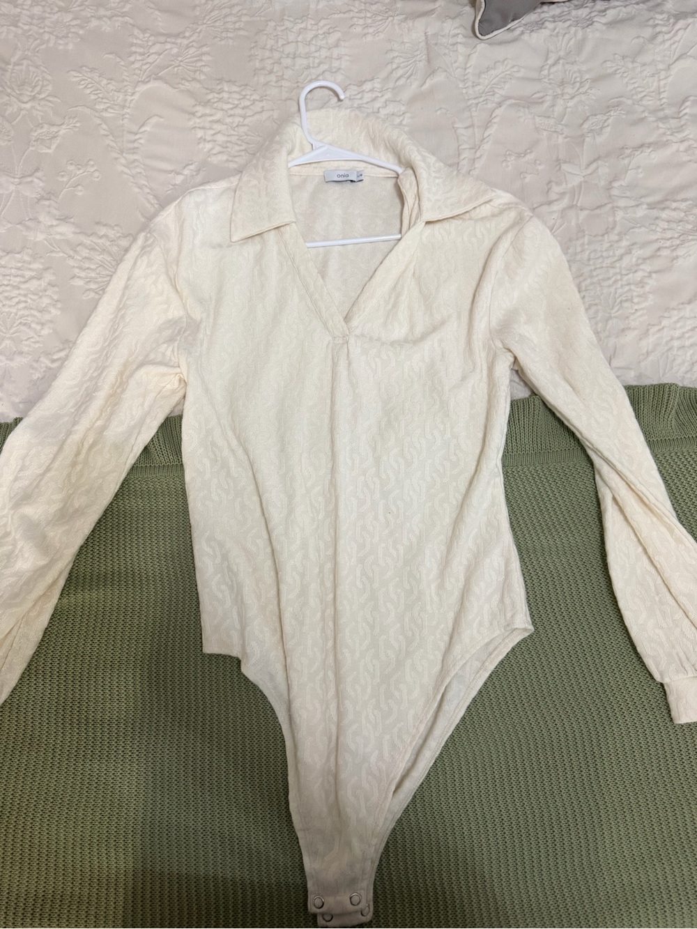 Onia Cream Textured Long-Sleeve V-Neck Bodysuit with Collar